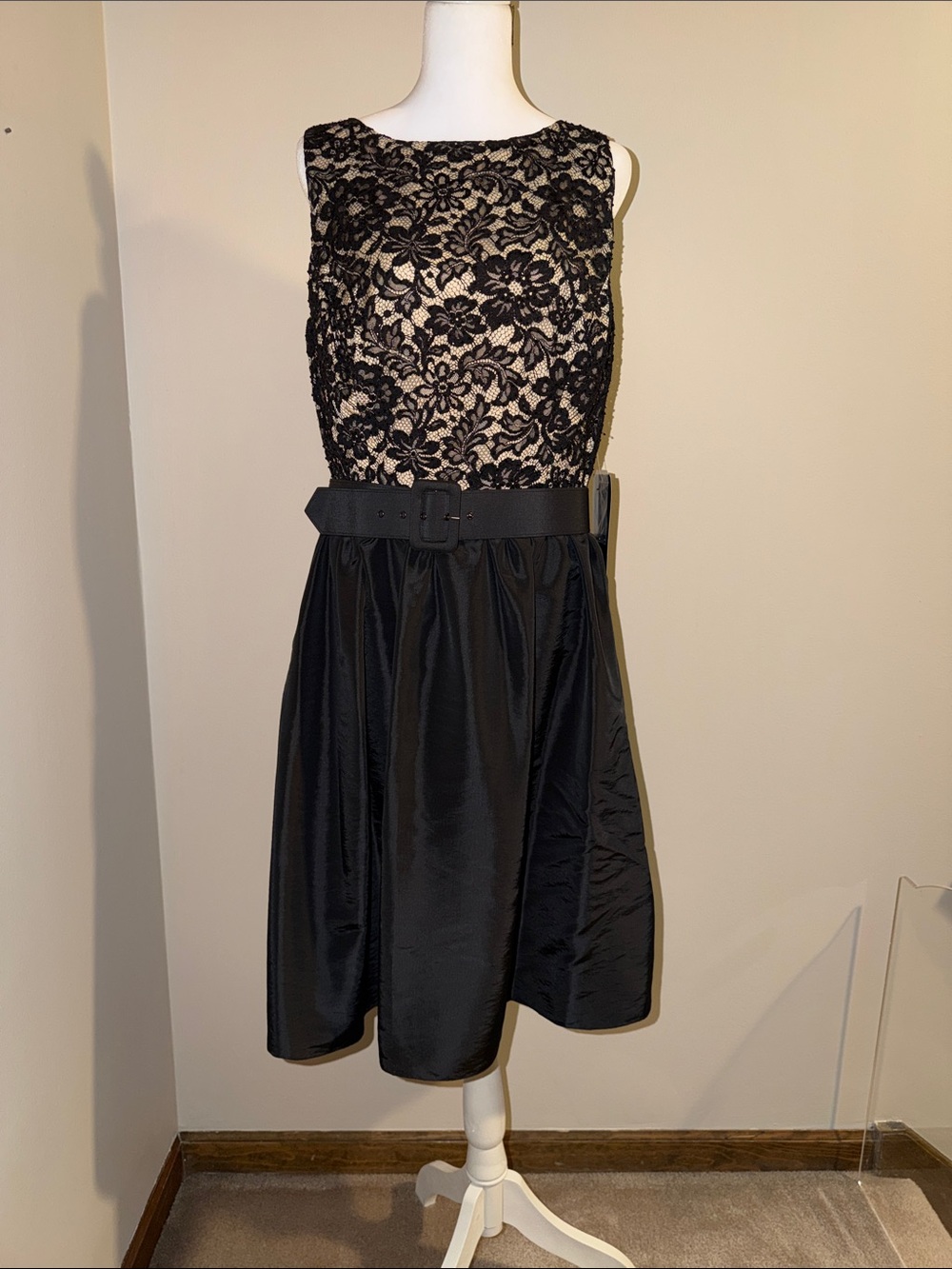 Black Lace & Sequin Bodice Party Dress with Belt